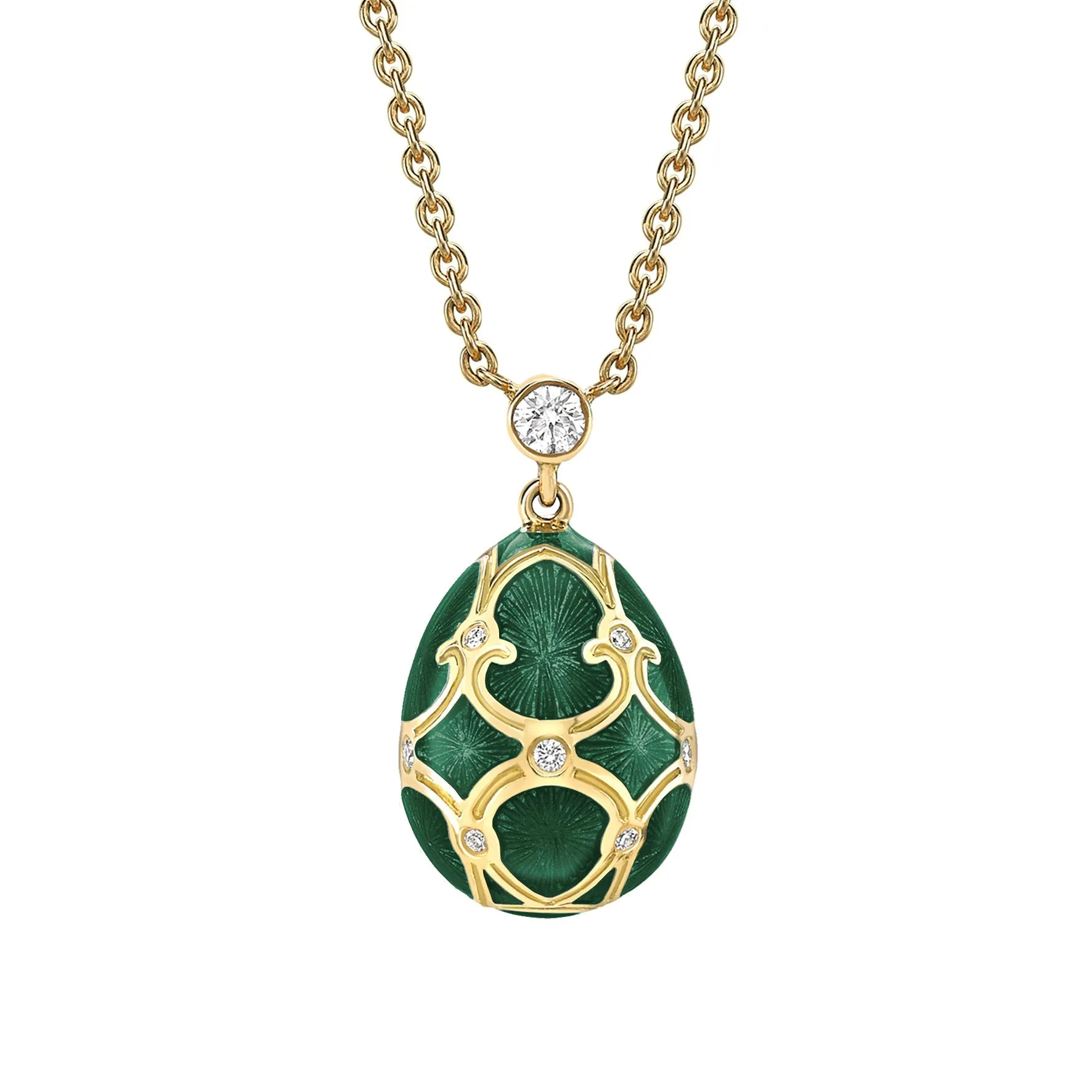 Faberge Heritage Yellow Gold Diamond & Green Guilloché Enamel Petite Egg Pendant sold by C.W. Sellors