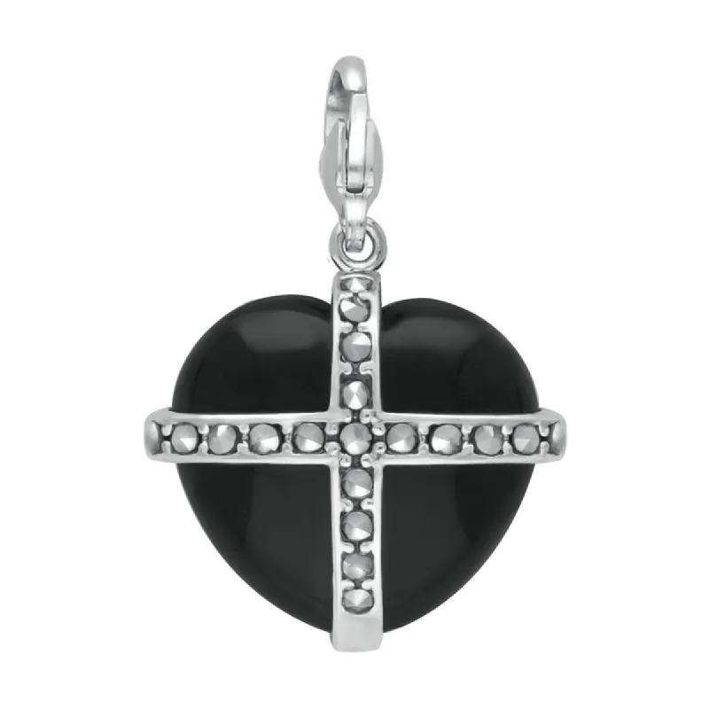 Sterling Silver Whitby Jet Nineteen Marcasite Large Cross Heart Charm sold by C.W. Sellors