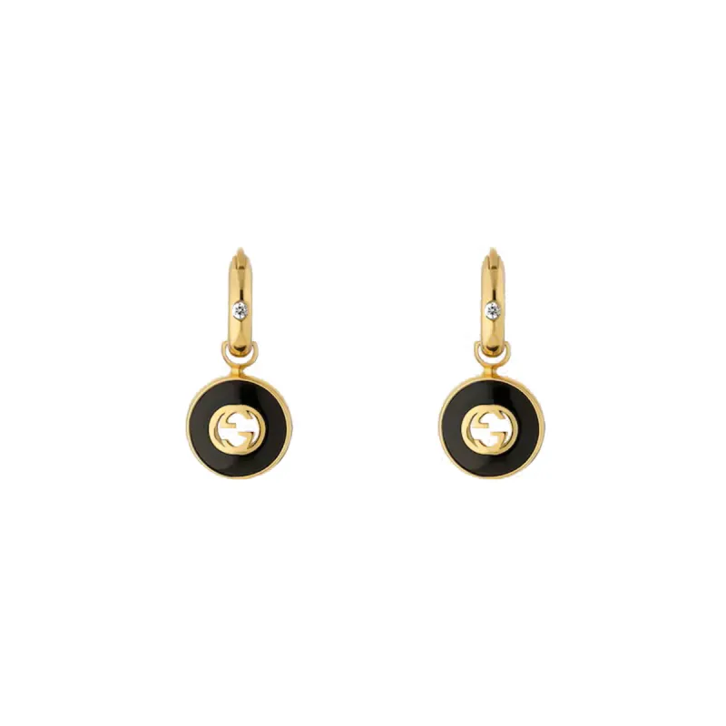 Gucci Interlocking 18ct Yellow Gold Black Onyx Hoop Earrings D sold by C.W. Sellors