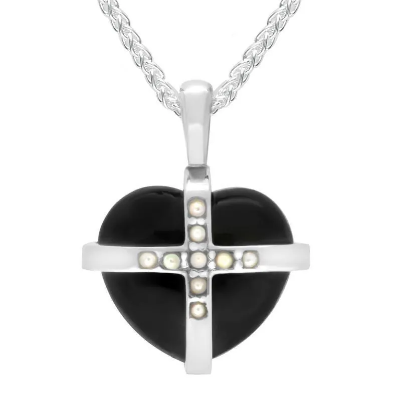 Sterling Silver Whitby Jet Pearl Small Cross Heart Necklace sold by C.W. Sellors