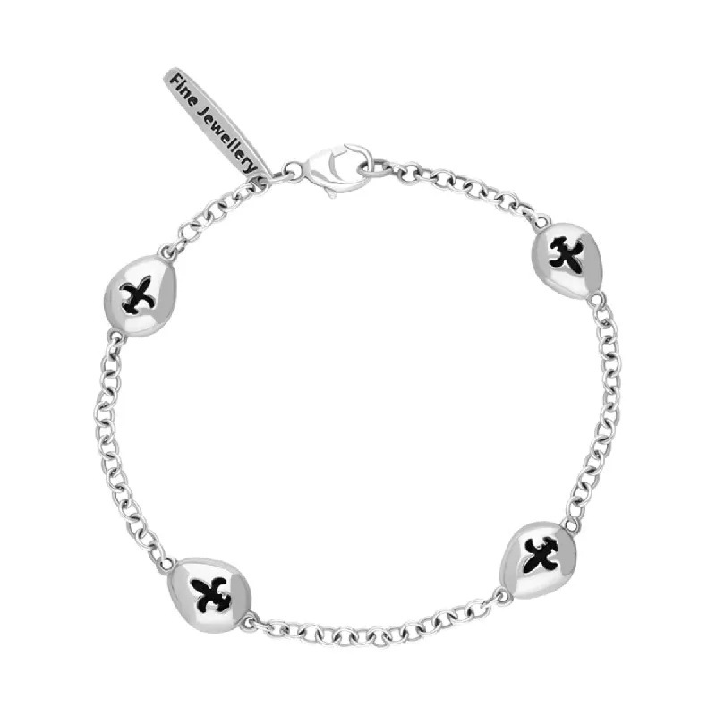 Sterling Silver Whitby Jet Oval Fleur De Lis Detail Four Stone Bracelet sold by C.W. Sellors