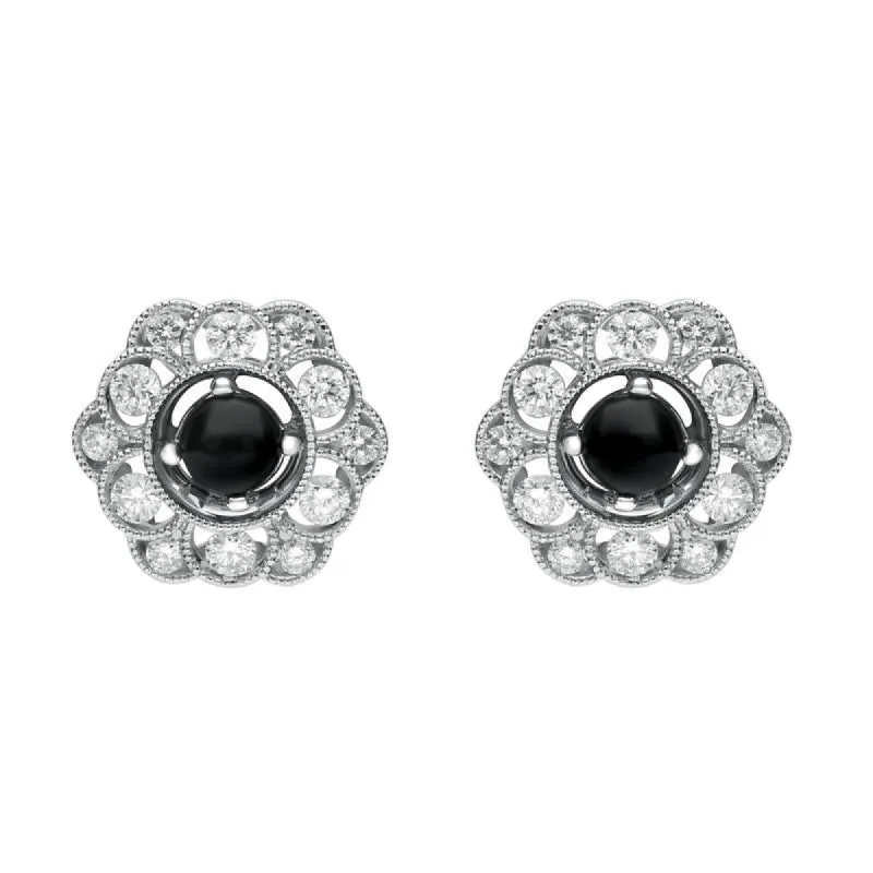 18ct White Gold Whitby Jet 0.62ct Diamond Flower Shape Stud Earrings sold by C.W. Sellors