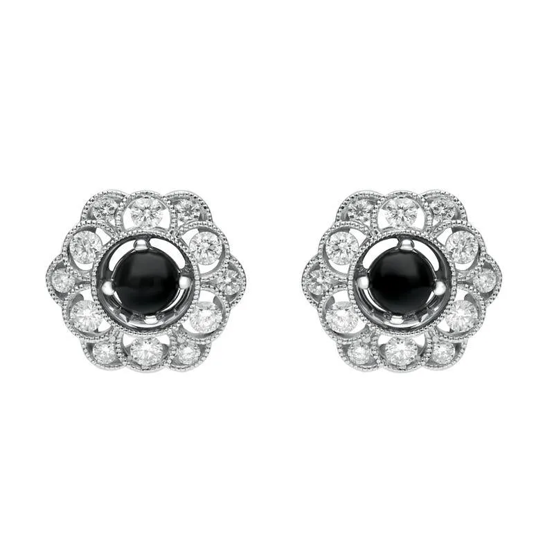 18ct White Gold Whitby Jet 0.62ct Diamond Flower Shape Stud Earrings sold by C.W. Sellors