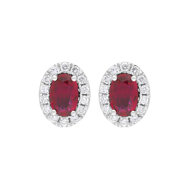 18ct White Gold Ruby Diamond Oval Cluster Stud Earrings sold by C.W. Sellors