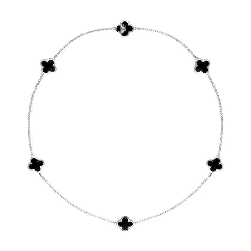 Sterling Silver Whitby Jet Bloom Six Stone Four Leaf Clover Chain Necklet D sold by C.W. Sellors