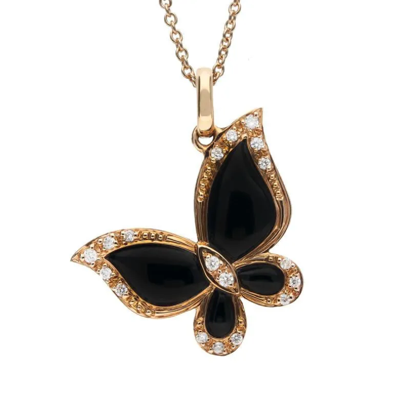 18ct Rose Gold Whitby Jet 0.08ct Diamond Butterfly Necklace D sold by C.W. Sellors