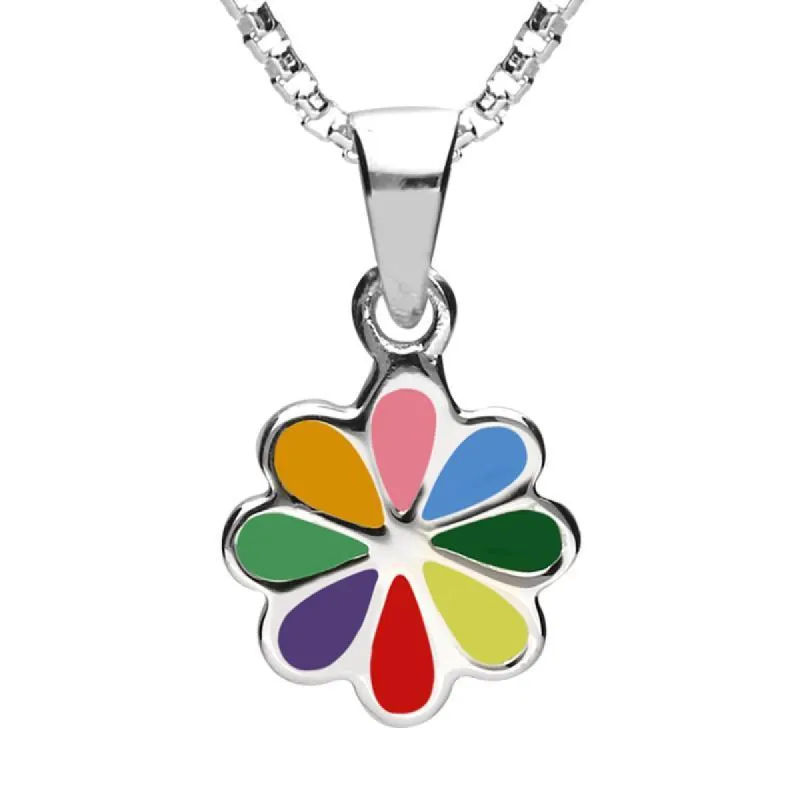 Sterling Silver NSPCC Enamel Multicoloured Eight Petal Flower Necklace D sold by C.W. Sellors