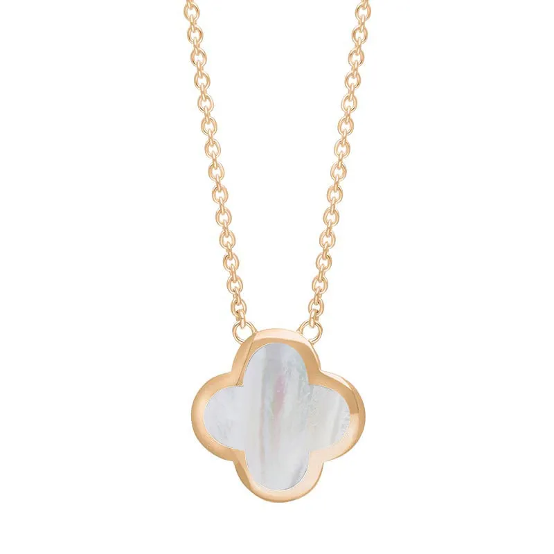 9ct Rose Gold White Mother of Pearl Bloom Large Four Leaf Clover Polished Edge Pendant sold by C.W. Sellors