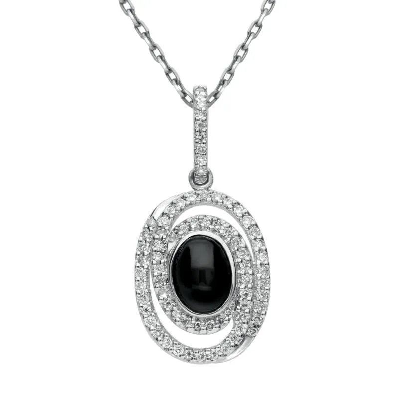 18ct White Gold Whitby Jet 0.38ct Diamond Oval Spiral Design Necklace D sold by C.W. Sellors