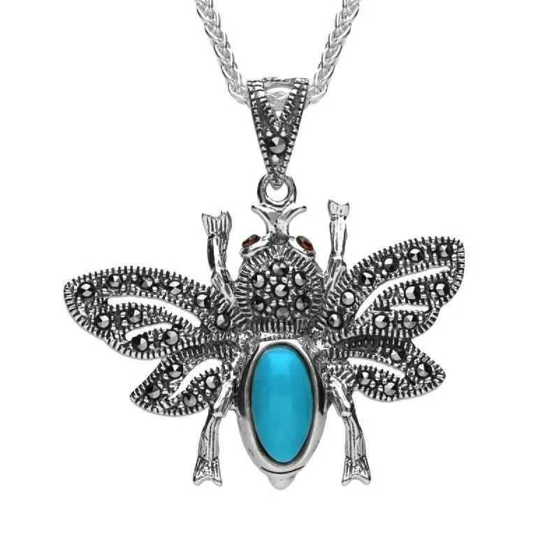 Sterling Silver Turquoise Marcasite Garnet Bee Pendant Necklace sold by C.W. Sellors