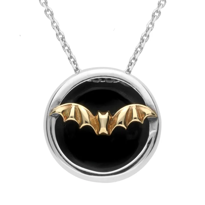 Sterling Silver 9ct Yellow Gold Whitby Jet Round Gothic Bat Necklace sold by C.W. Sellors