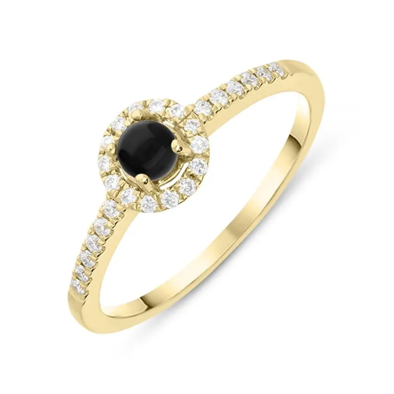 18ct Yellow Gold Whitby Jet 0.14ct Diamond Claw Set Round Centre Ring sold by C.W. Sellors