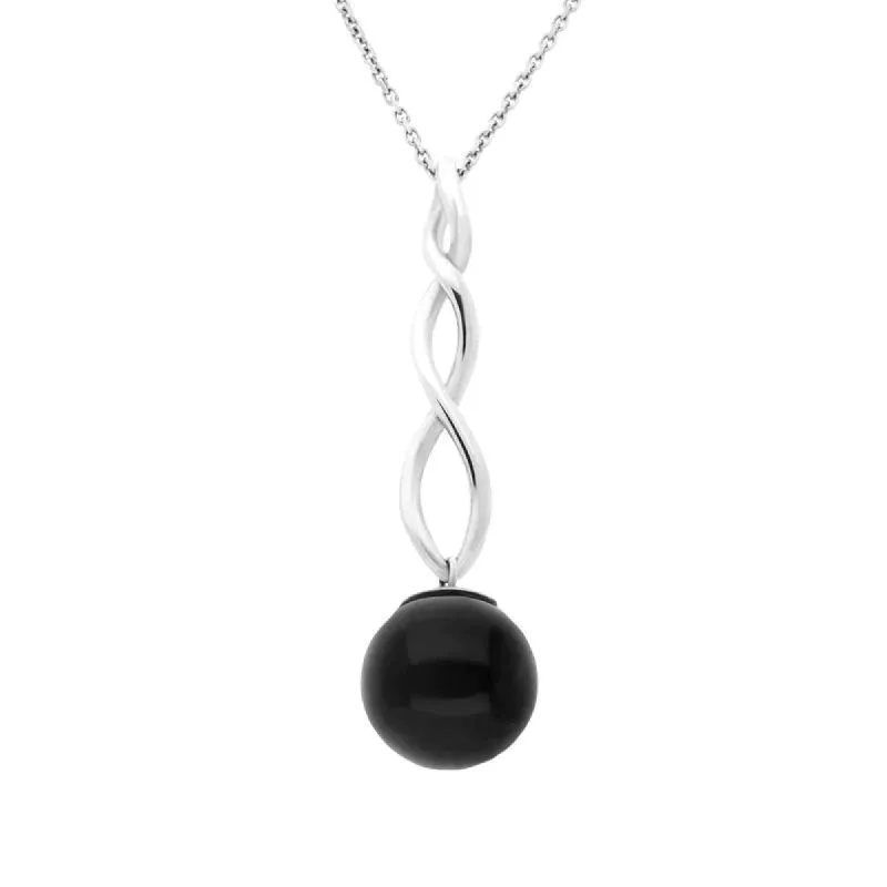 Sterling Silver Whitby Jet 10mm Bead Twist Necklace sold by C.W. Sellors