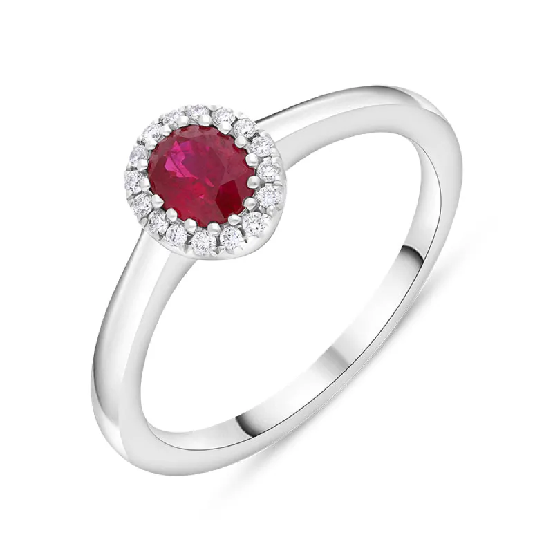 18ct White Gold Ruby Diamond Oval Cut Cluster Ring sold by C.W. Sellors