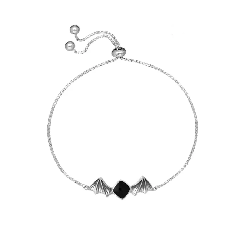 Sterling Silver Whitby Jet Cushion Stone Adjustable Bat Bracelet sold by C.W. Sellors