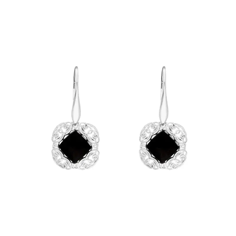 Sterling Silver Whitby Jet Rhombus Cushion Drop Earrings sold by C.W. Sellors