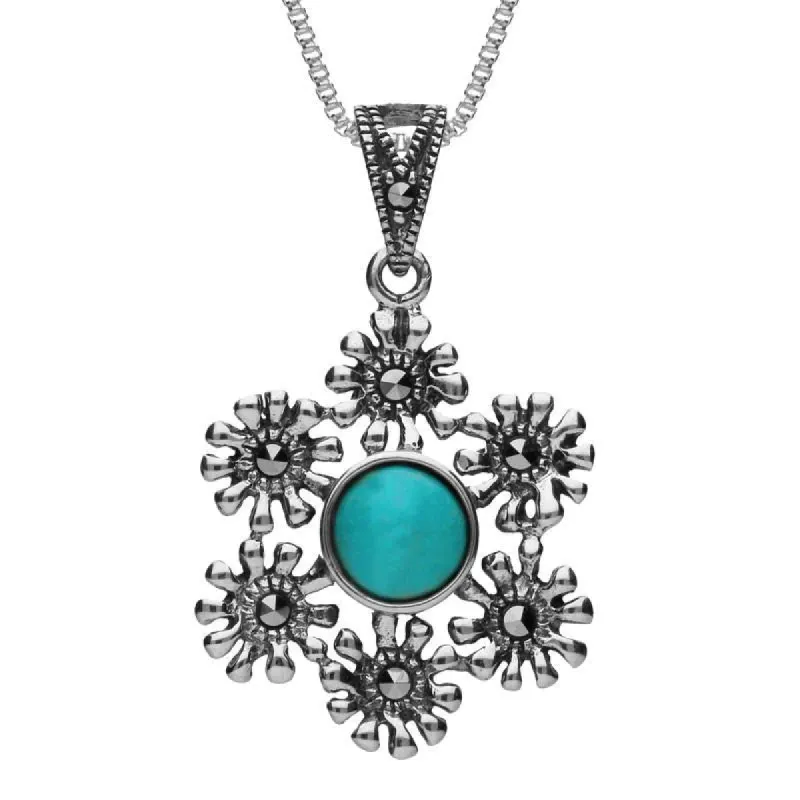 Sterling Silver Turquoise Marcasite Flower Petal Necklace sold by C.W. Sellors