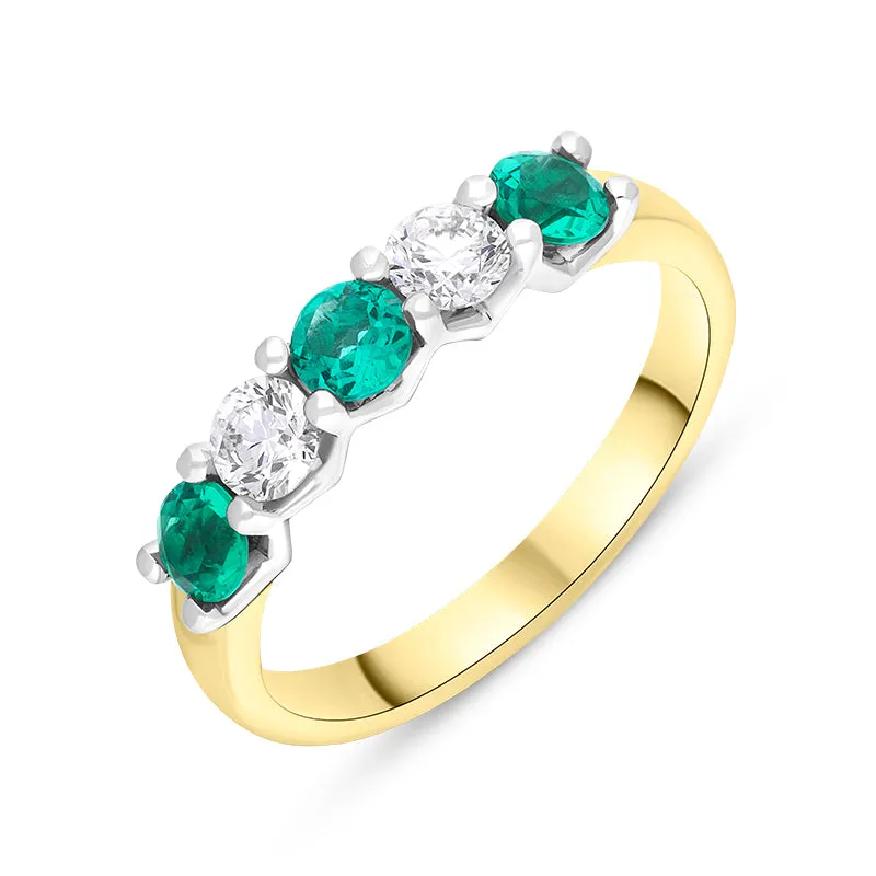 18ct Yellow Gold Platinum Emerald Diamond Five Stone Half Eternity Ring sold by C.W. Sellors