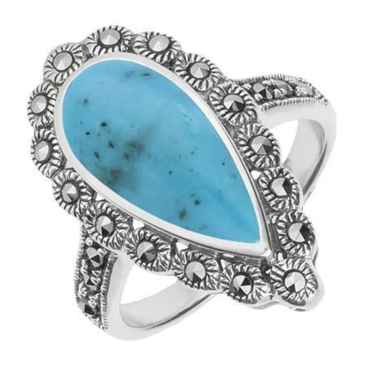 Sterling Silver Turquoise Marcasite Pear Ring sold by C.W. Sellors