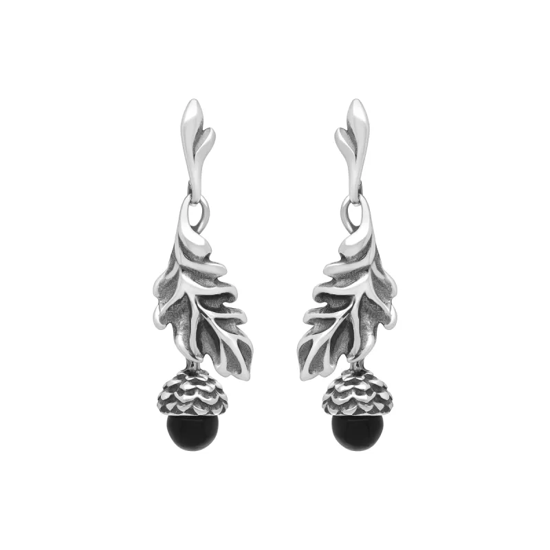 Sterling Silver Whitby Jet Acorn Leaf Drop Earrings sold by C.W. Sellors