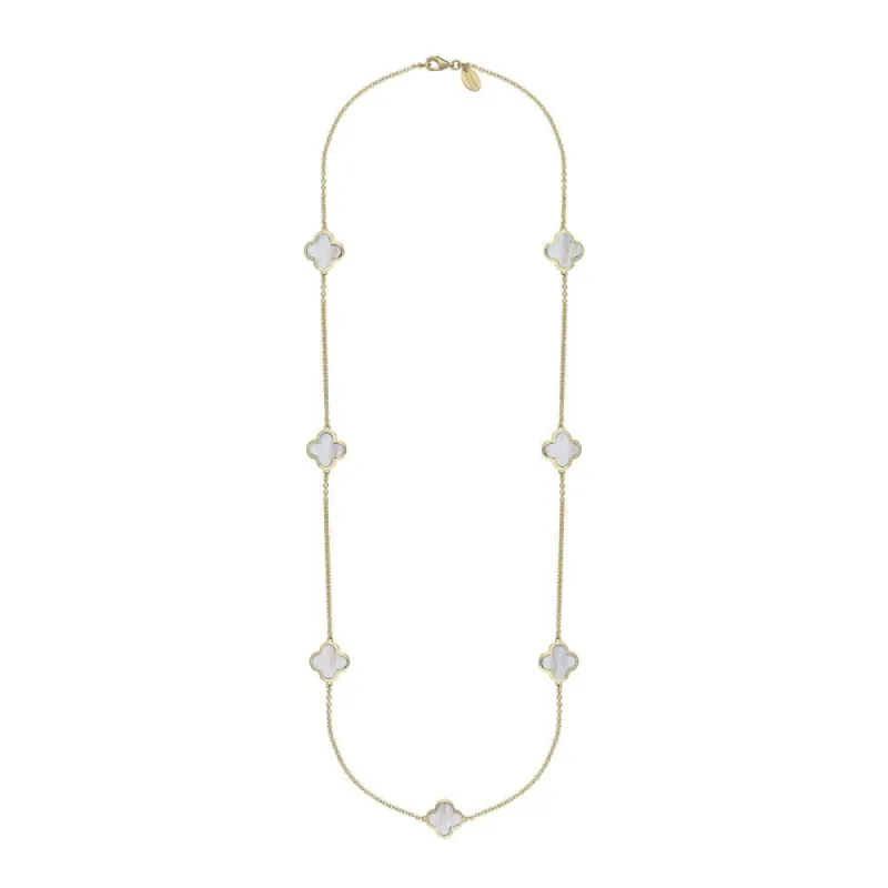9ct Yellow Gold White Mother of Pearl Bloom Four Leaf Clover Long Necklace sold by C.W. Sellors