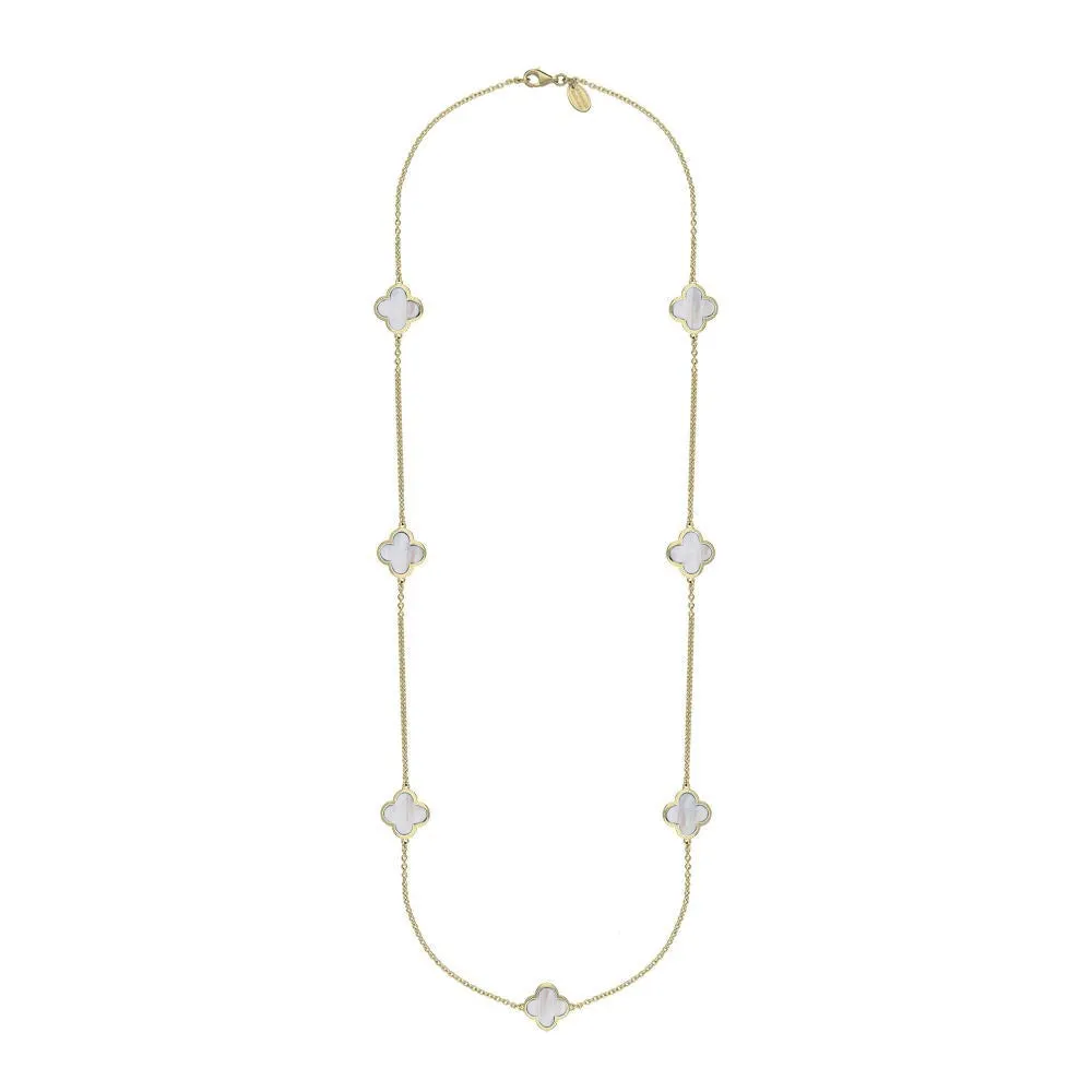 9ct Yellow Gold White Mother of Pearl Bloom Four Leaf Clover Long Necklace sold by C.W. Sellors