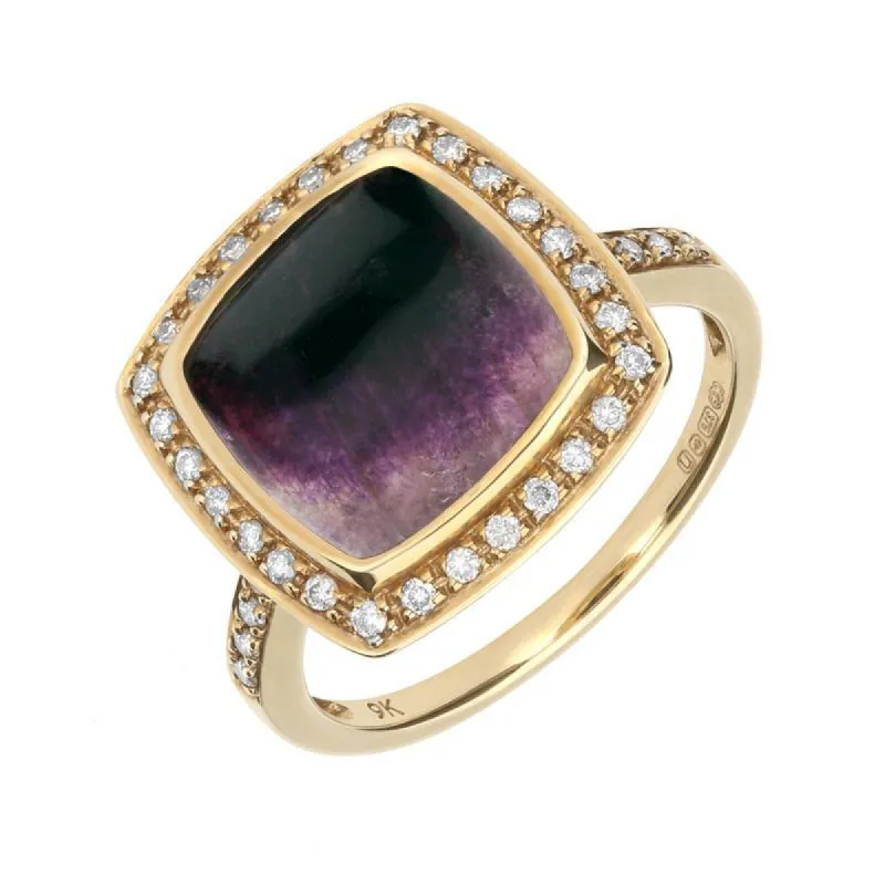 9ct Yellow Gold Blue John Diamond Single Square Cushion Ring sold by C.W. Sellors