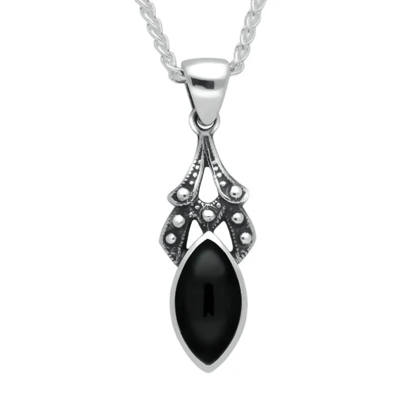 Sterling Silver Whitby Jet Marquise Drop Necklace sold by C.W. Sellors