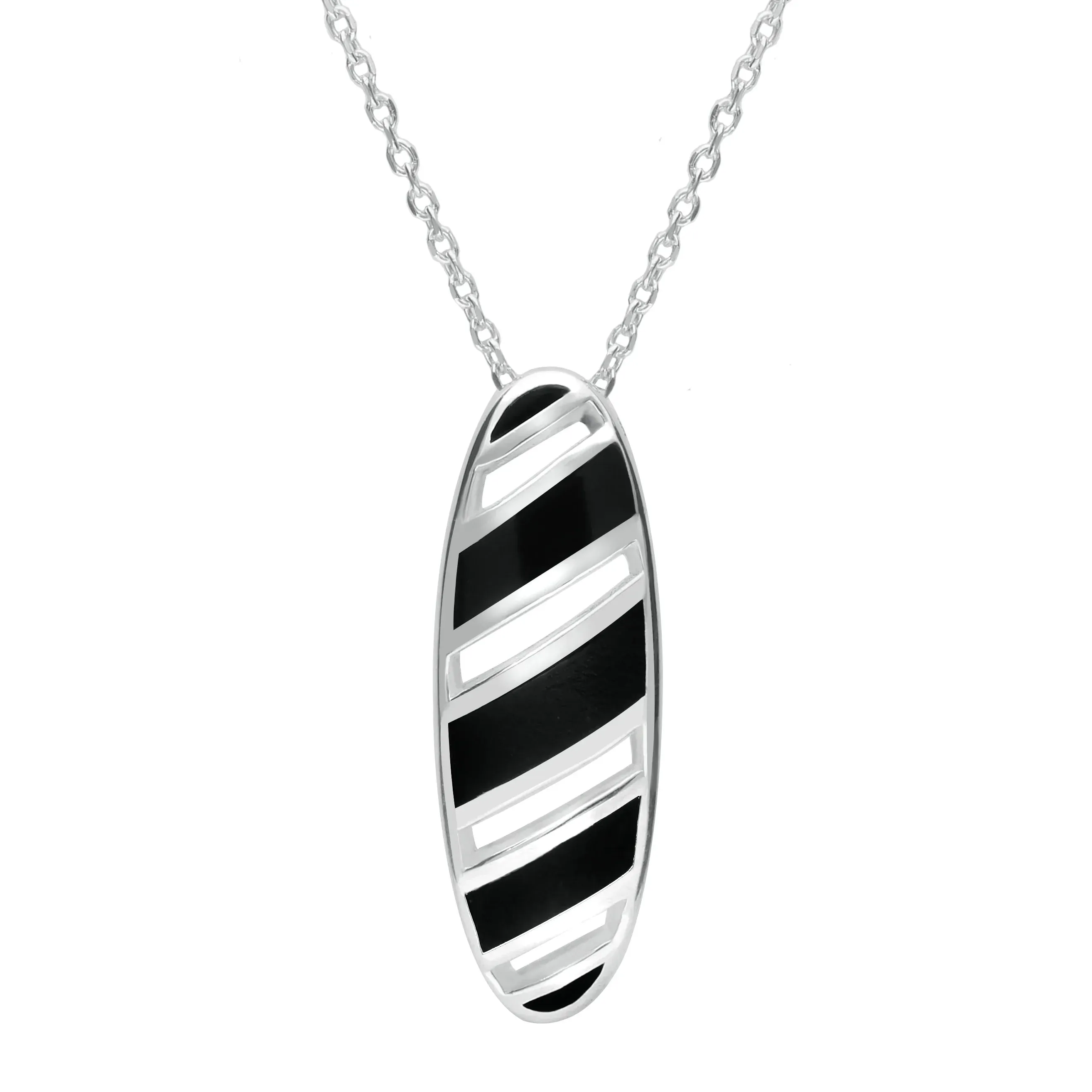 Sterling Silver Whitby Jet Striped Open Oval Necklace D sold by C.W. Sellors