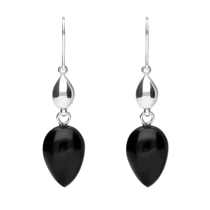 Sterling Silver Whitby Jet Carved Pear Bead Drop Hook Earrings sold by C.W. Sellors