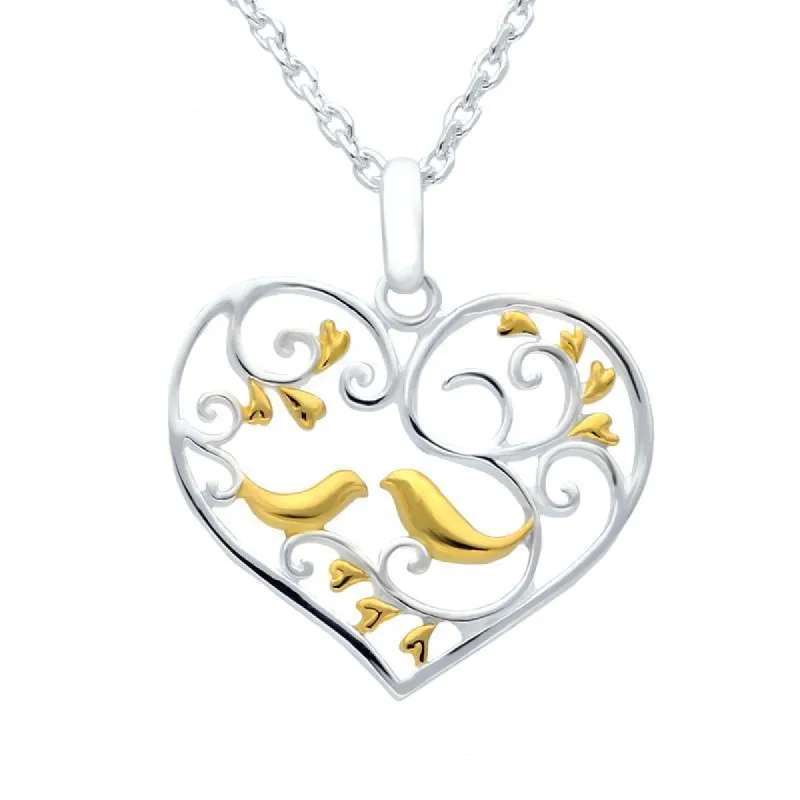 Yellow Gold Sterling Silver Plated Bird and Vine Open Heart Necklace sold by C.W. Sellors