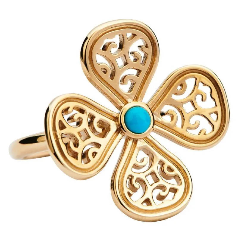 9ct Yellow Gold Turquoise Flore Four Petal Filigree Ring sold by C.W. Sellors