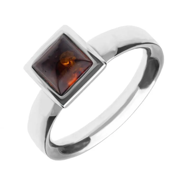 Sterling Silver Amber Small Square Domed Ring sold by C.W. Sellors