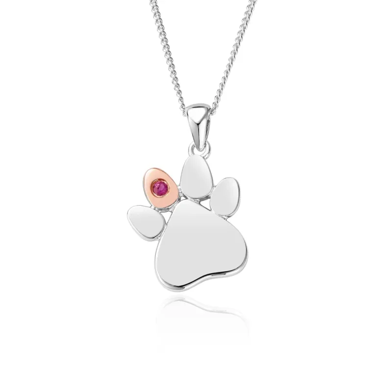 Clogau Paw Prints On My Heart Sterling Silver July Birthstone Ruby Necklace sold by C.W. Sellors