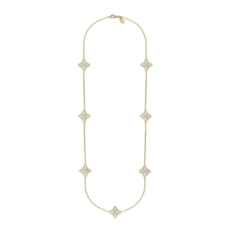 18ct Yellow Gold White Mother of Pearl Eden Long Marquise Flower Necklace sold by C.W. Sellors