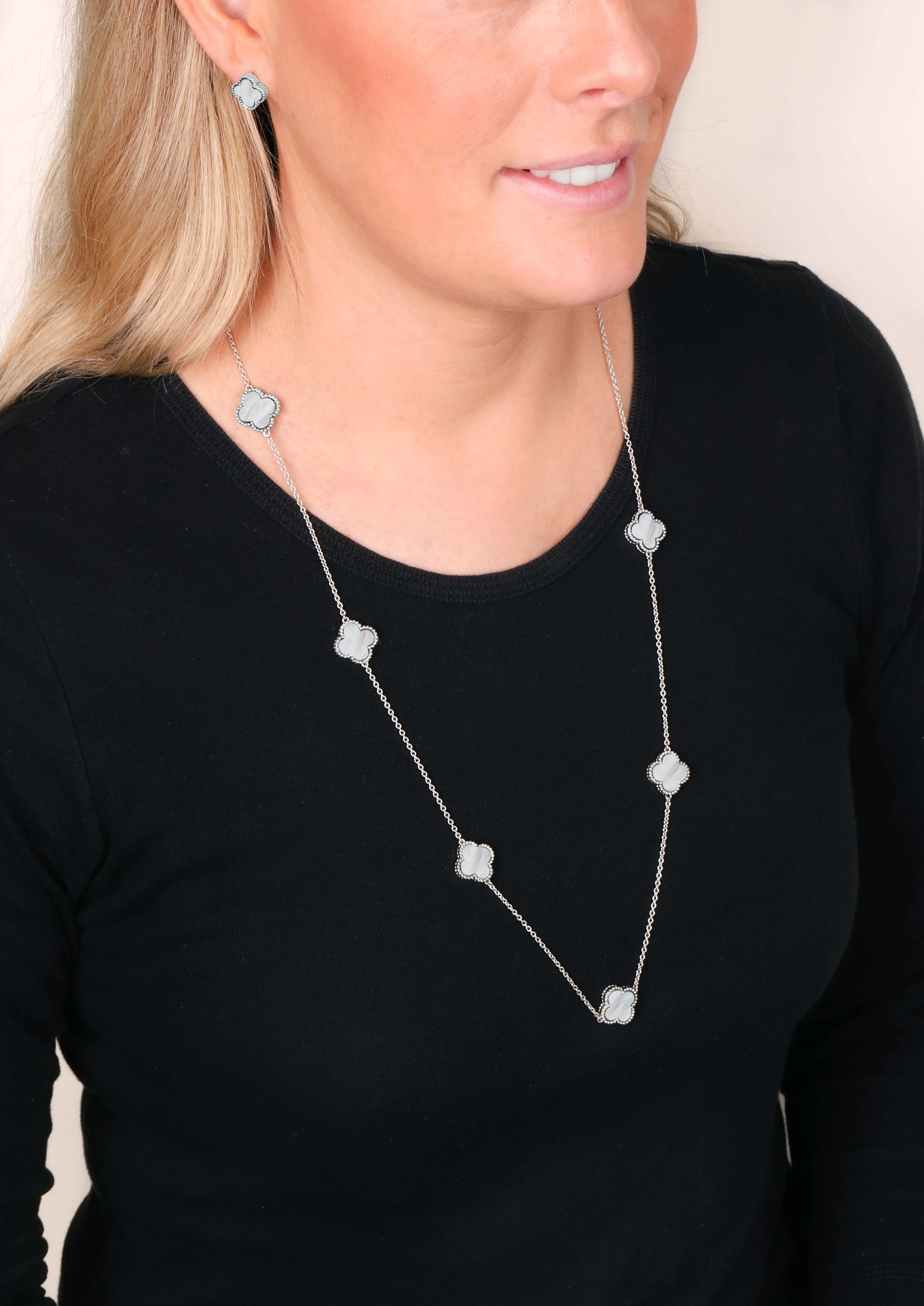 9ct Yellow Gold White Mother of Pearl Bloom Four Leaf Clover Ball Edge Long Necklace sold by C.W. Sellors product image thumbnail 2