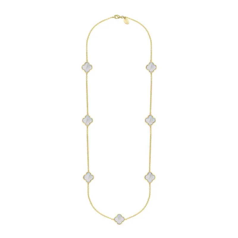 9ct Yellow Gold White Mother of Pearl Bloom Four Leaf Clover Ball Edge Long Necklace sold by C.W. Sellors