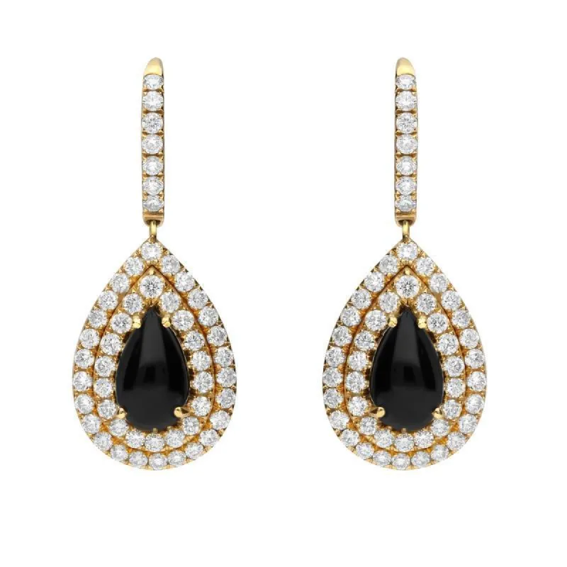 18ct Yellow Gold Whitby Jet Diamond Pear Drop Earrings sold by C.W. Sellors