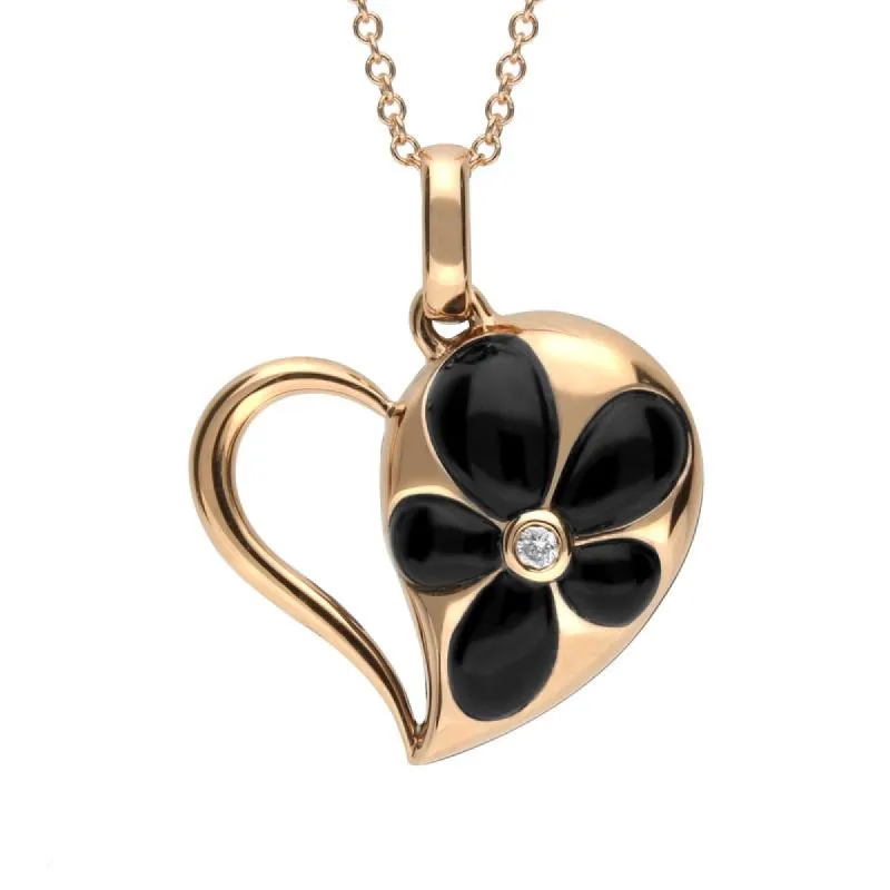 18ct Rose Gold Whitby Jet Diamond Flower Open Heart Necklace sold by C.W. Sellors