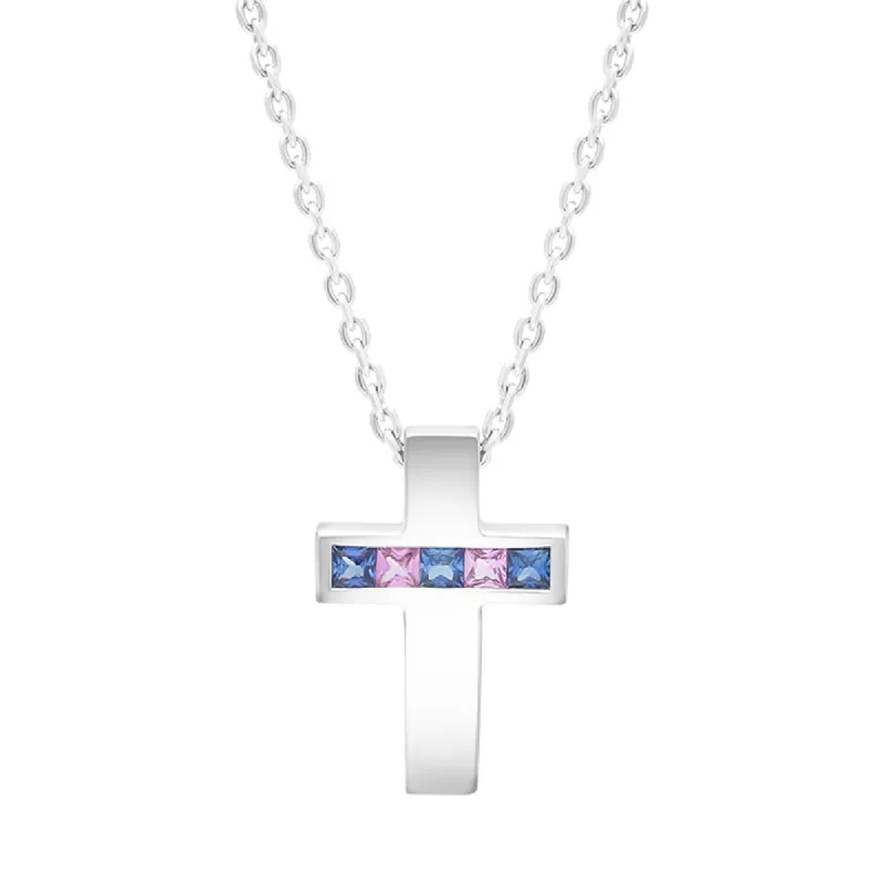 9ct White Gold Pink Blue Sapphire Cross Pendant Necklace D sold by C.W. Sellors