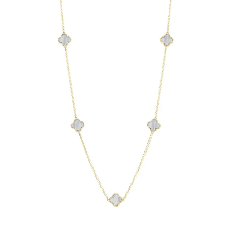 18ct Yellow Gold White Mother of Pearl Bloom Four Leaf Clover Ball Edge Necklace sold by C.W. Sellors