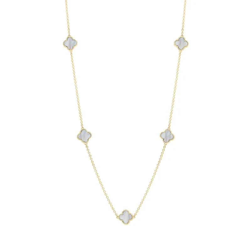 18ct Yellow Gold White Mother of Pearl Bloom Four Leaf Clover Ball Edge Necklace sold by C.W. Sellors