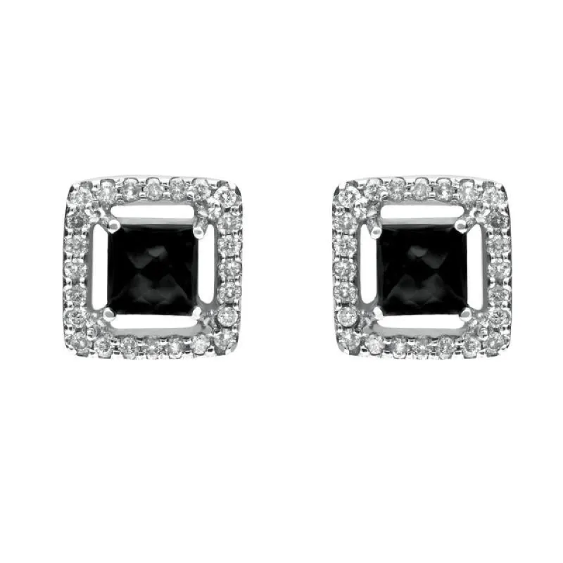 18ct White Gold Whitby Jet 0.38ct Diamond Faceted Square Earrings sold by C.W. Sellors
