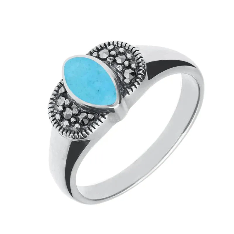 Sterling Silver Turquoise Marcasite Marquise Ring sold by C.W. Sellors