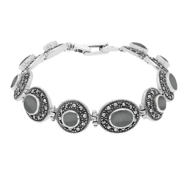 Sterling Silver Hematite Marcasite Oval Link Bracelet made by C.W. Sellors