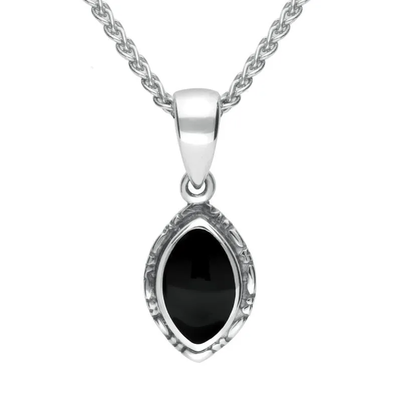 Sterling Silver Whitby Jet Marquise Bead Edge Necklace sold by C.W. Sellors