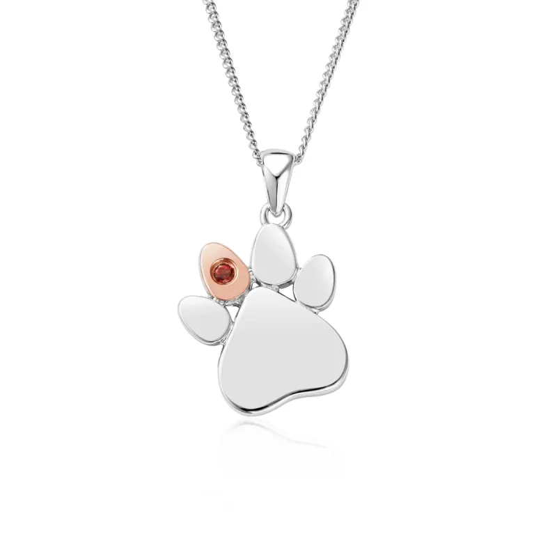 Clogau Paw Prints On My Heart Sterling Silver January Birthstone Garnet Necklace sold by C.W. Sellors