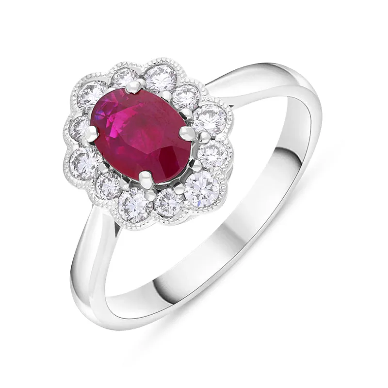 18ct White Gold Ruby Diamond Oval Cut Cluster Ring sold by C.W. Sellors