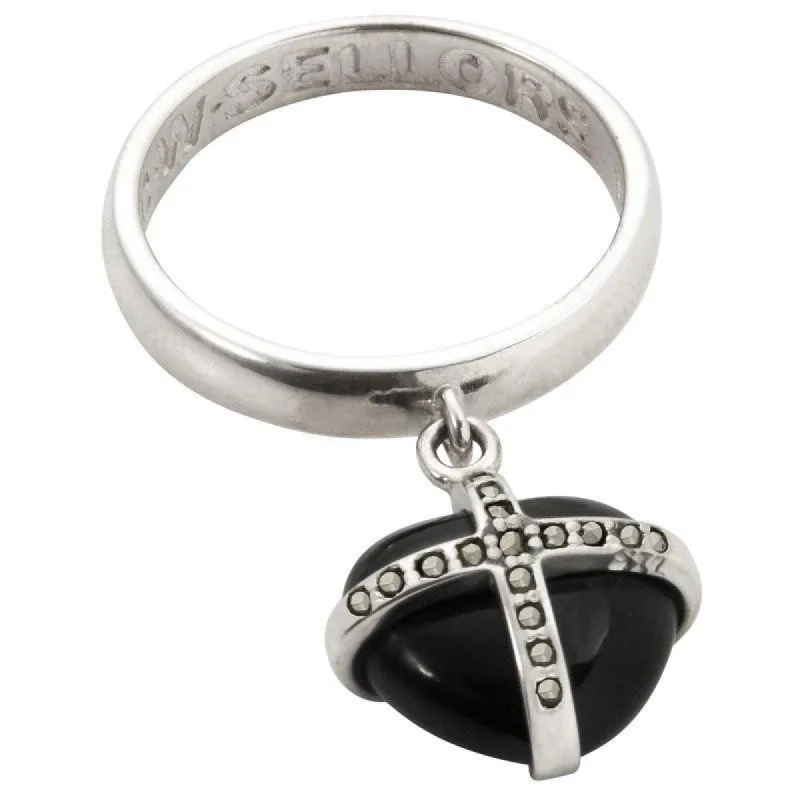 Silver Whitby Jet Seventeen Marcasite Cross Heart Dropper Ring sold by C.W. Sellors