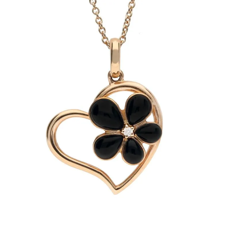 18ct Rose Gold Whitby Jet and Diamond Flower Heart Necklace D sold by C.W. Sellors